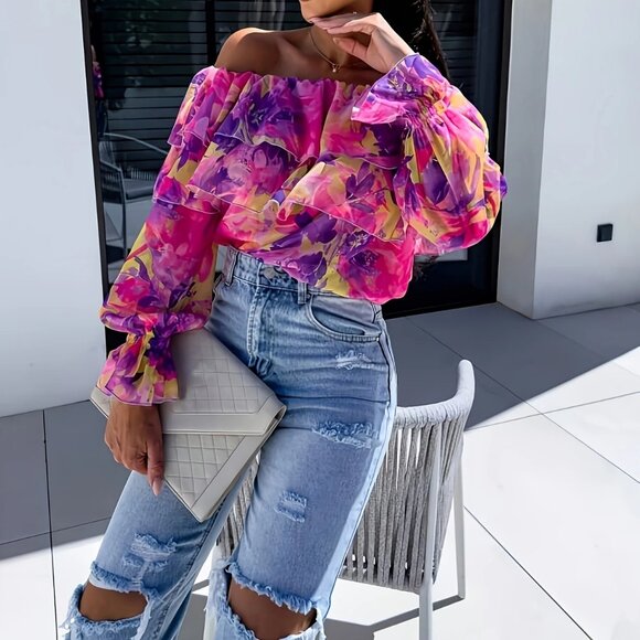 Bright Multicolor Off The Shoulder Tiered Ruffle Blouse - Picture 5 of 5